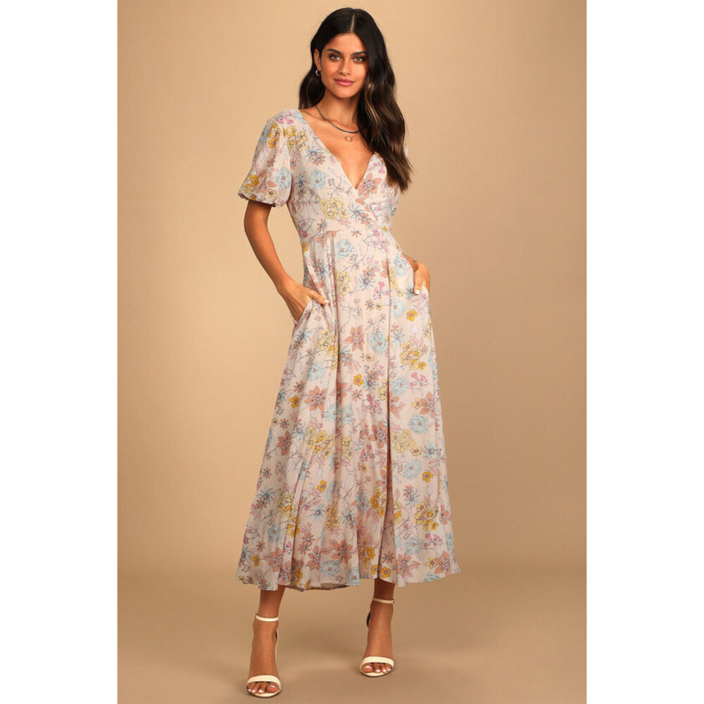 Lulus Flourishing Feelings Pink Floral Print Puff Sleeve Midi Dress - Size XS